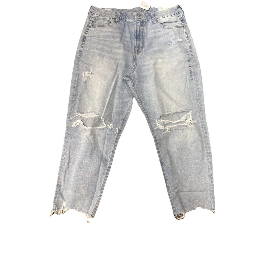 American Eagle Strigid High Rise Curvy Ripped Mom Jean Sz 18 Light Blue Wash NEW